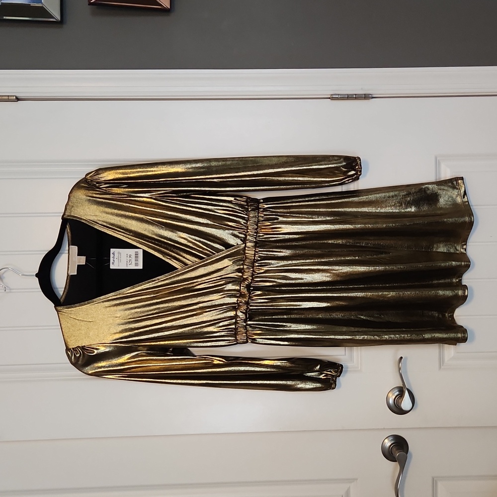 Gold lame, long sleeve faux wrap mini dress